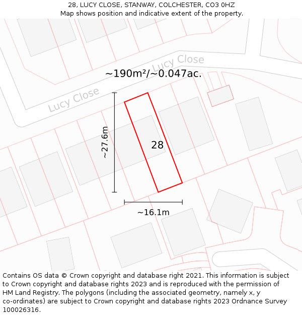 28, LUCY CLOSE, STANWAY, COLCHESTER, CO3 0HZ: Plot and title map