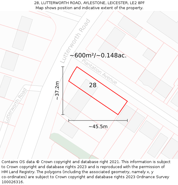 28, LUTTERWORTH ROAD, AYLESTONE, LEICESTER, LE2 8PF: Plot and title map
