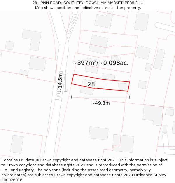 28, LYNN ROAD, SOUTHERY, DOWNHAM MARKET, PE38 0HU: Plot and title map