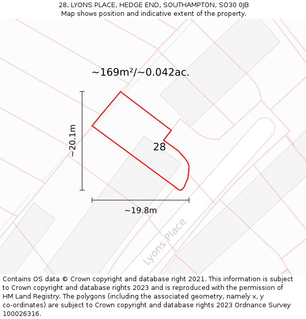28, LYONS PLACE, HEDGE END, SOUTHAMPTON, SO30 0JB: Plot and title map