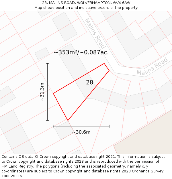 28, MALINS ROAD, WOLVERHAMPTON, WV4 6AW: Plot and title map