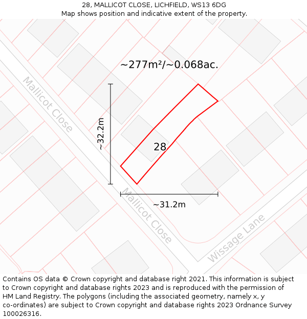 28, MALLICOT CLOSE, LICHFIELD, WS13 6DG: Plot and title map