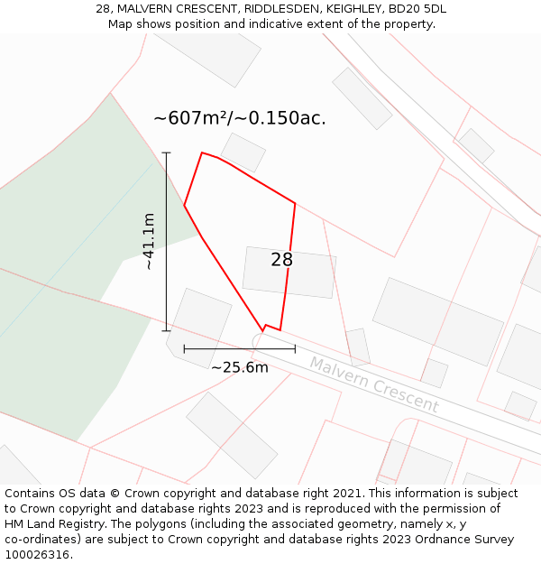 28, MALVERN CRESCENT, RIDDLESDEN, KEIGHLEY, BD20 5DL: Plot and title map