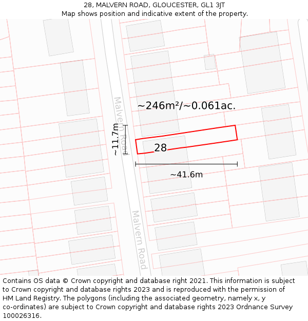 28, MALVERN ROAD, GLOUCESTER, GL1 3JT: Plot and title map