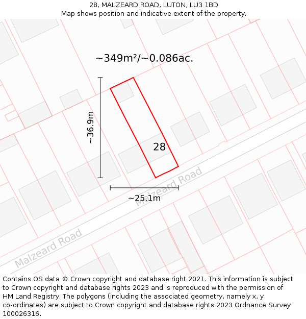 28, MALZEARD ROAD, LUTON, LU3 1BD: Plot and title map
