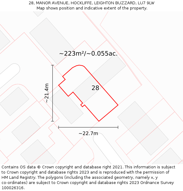 28, MANOR AVENUE, HOCKLIFFE, LEIGHTON BUZZARD, LU7 9LW: Plot and title map