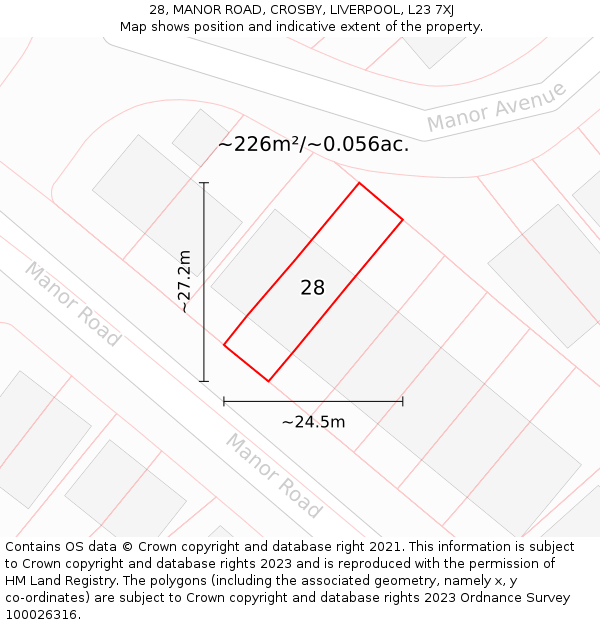 28, MANOR ROAD, CROSBY, LIVERPOOL, L23 7XJ: Plot and title map