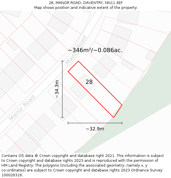 28, MANOR ROAD, DAVENTRY, NN11 4EF: Plot and title map