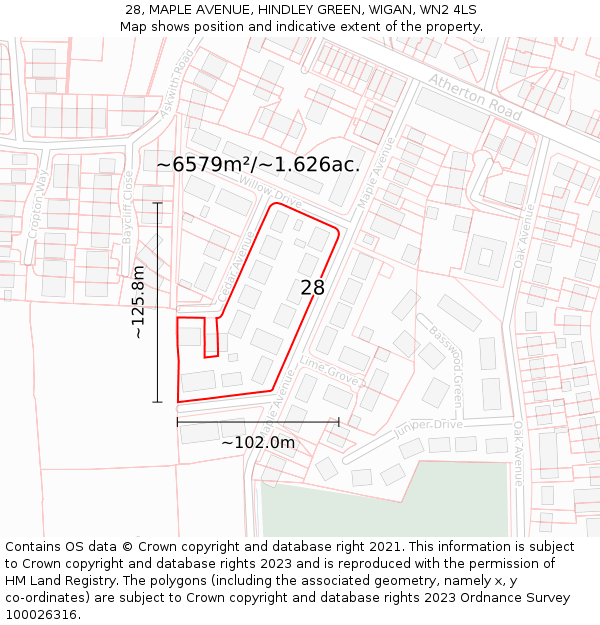 28, MAPLE AVENUE, HINDLEY GREEN, WIGAN, WN2 4LS: Plot and title map