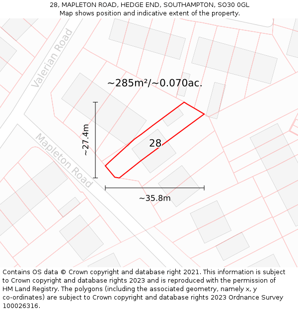 28, MAPLETON ROAD, HEDGE END, SOUTHAMPTON, SO30 0GL: Plot and title map