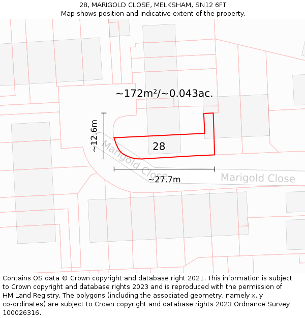 28, MARIGOLD CLOSE, MELKSHAM, SN12 6FT: Plot and title map