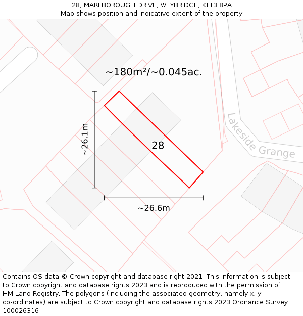 28, MARLBOROUGH DRIVE, WEYBRIDGE, KT13 8PA: Plot and title map