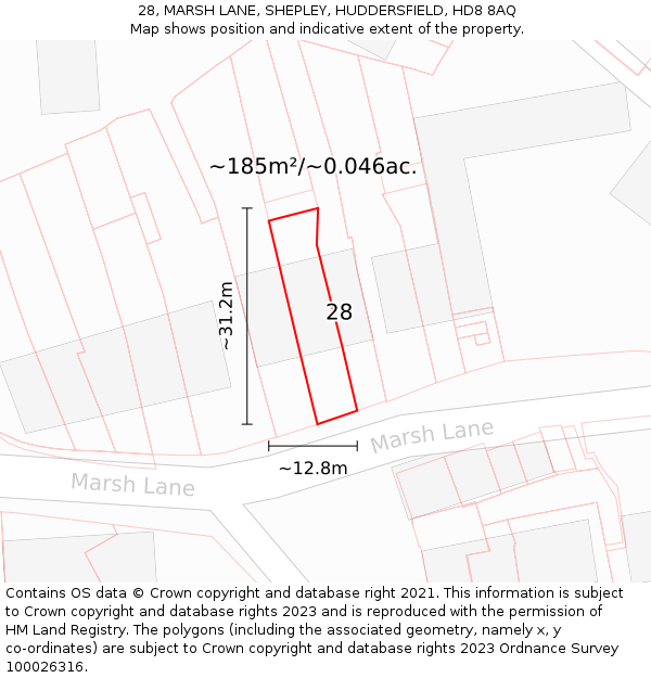 28, MARSH LANE, SHEPLEY, HUDDERSFIELD, HD8 8AQ: Plot and title map