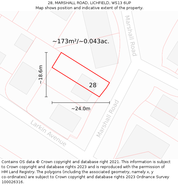 28, MARSHALL ROAD, LICHFIELD, WS13 6UP: Plot and title map