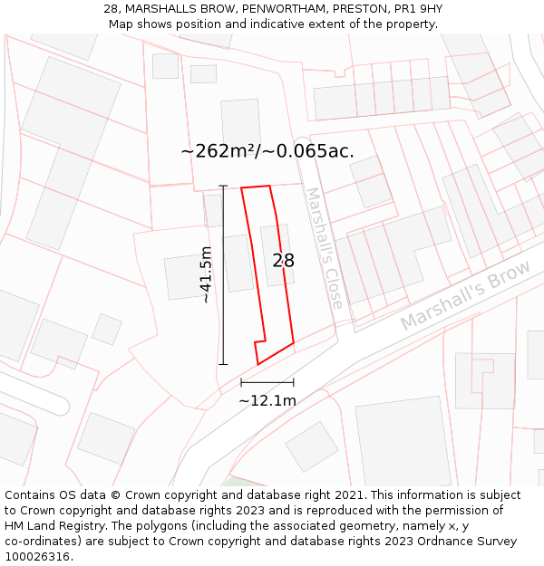 28, MARSHALLS BROW, PENWORTHAM, PRESTON, PR1 9HY: Plot and title map