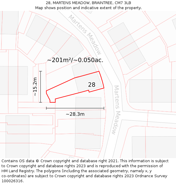 28, MARTENS MEADOW, BRAINTREE, CM7 3LB: Plot and title map