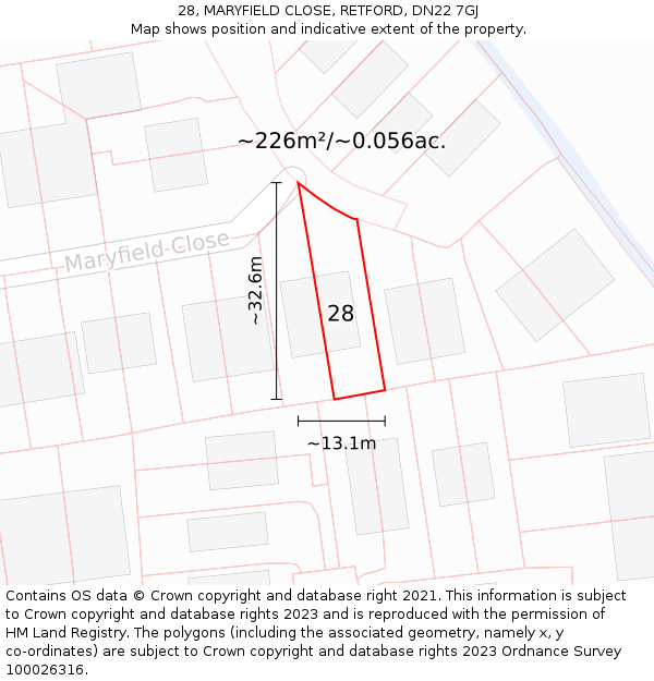 28, MARYFIELD CLOSE, RETFORD, DN22 7GJ: Plot and title map