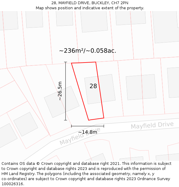 28, MAYFIELD DRIVE, BUCKLEY, CH7 2PN: Plot and title map
