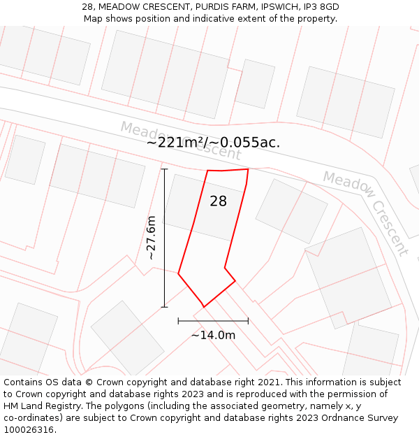 28, MEADOW CRESCENT, PURDIS FARM, IPSWICH, IP3 8GD: Plot and title map
