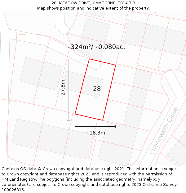 28, MEADOW DRIVE, CAMBORNE, TR14 7JB: Plot and title map