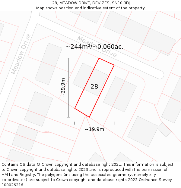 28, MEADOW DRIVE, DEVIZES, SN10 3BJ: Plot and title map