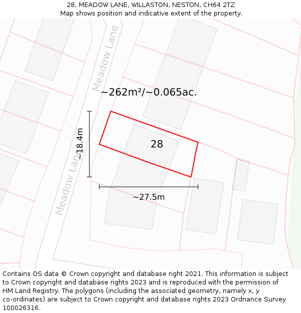 28, MEADOW LANE, WILLASTON, NESTON, CH64 2TZ: Plot and title map