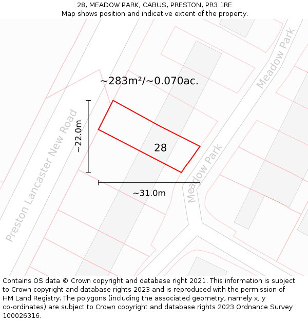 28, MEADOW PARK, CABUS, PRESTON, PR3 1RE: Plot and title map