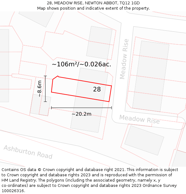 28, MEADOW RISE, NEWTON ABBOT, TQ12 1GD: Plot and title map