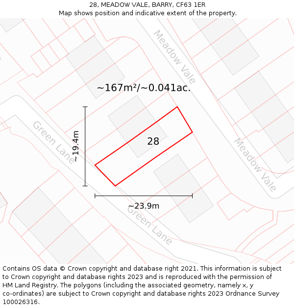 28, MEADOW VALE, BARRY, CF63 1ER: Plot and title map