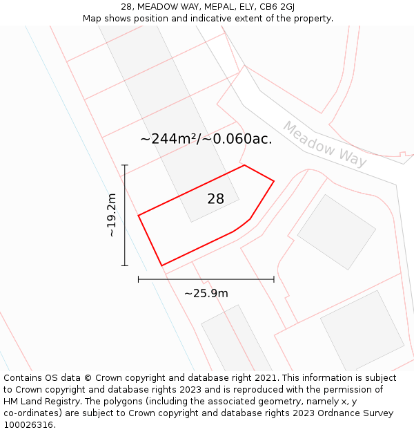 28, MEADOW WAY, MEPAL, ELY, CB6 2GJ: Plot and title map