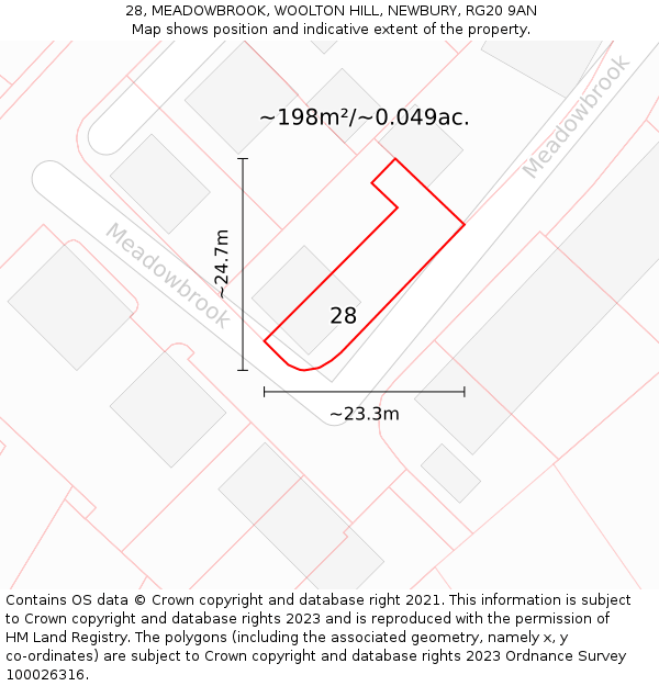 28, MEADOWBROOK, WOOLTON HILL, NEWBURY, RG20 9AN: Plot and title map