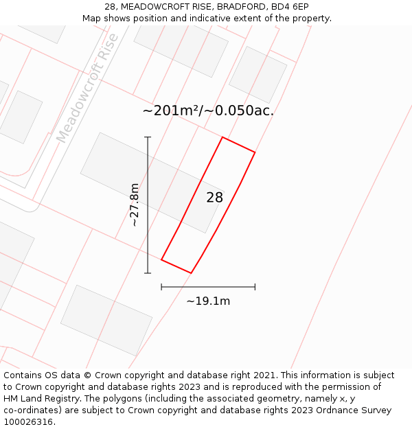28, MEADOWCROFT RISE, BRADFORD, BD4 6EP: Plot and title map