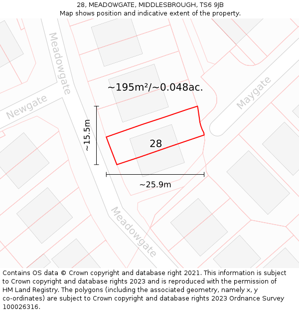 28, MEADOWGATE, MIDDLESBROUGH, TS6 9JB: Plot and title map