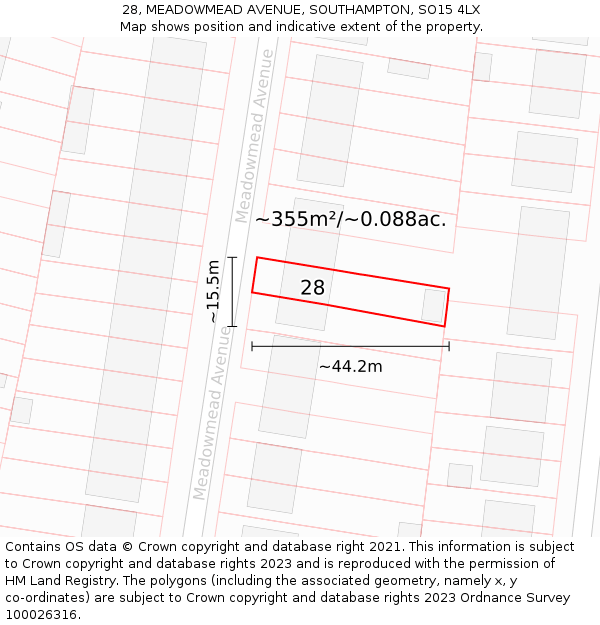 28, MEADOWMEAD AVENUE, SOUTHAMPTON, SO15 4LX: Plot and title map