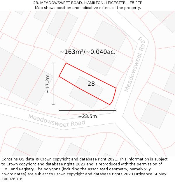 28, MEADOWSWEET ROAD, HAMILTON, LEICESTER, LE5 1TP: Plot and title map