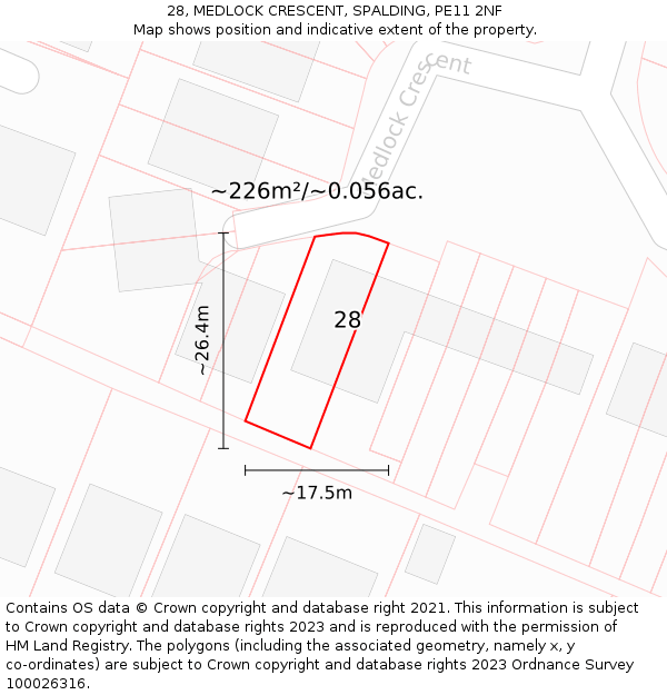 28, MEDLOCK CRESCENT, SPALDING, PE11 2NF: Plot and title map
