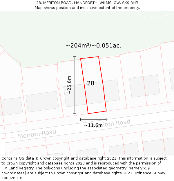 28, MERITON ROAD, HANDFORTH, WILMSLOW, SK9 3HB: Plot and title map