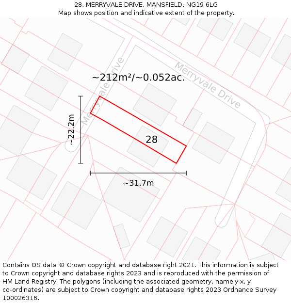 28, MERRYVALE DRIVE, MANSFIELD, NG19 6LG: Plot and title map