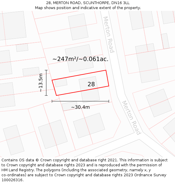 28, MERTON ROAD, SCUNTHORPE, DN16 3LL: Plot and title map