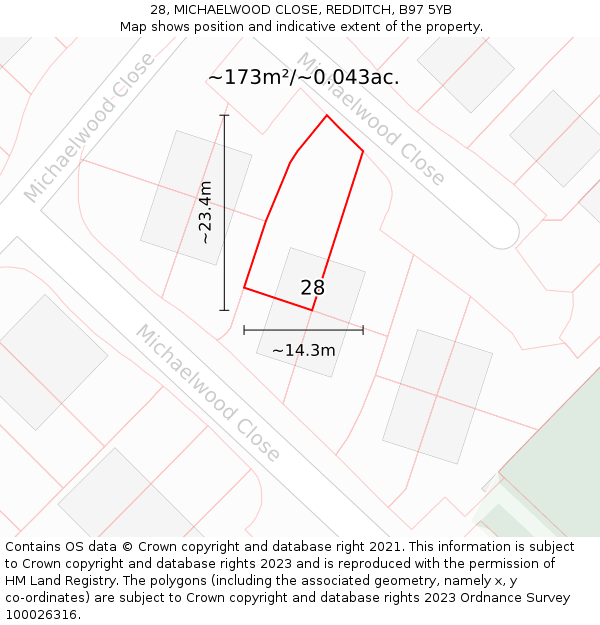 28, MICHAELWOOD CLOSE, REDDITCH, B97 5YB: Plot and title map