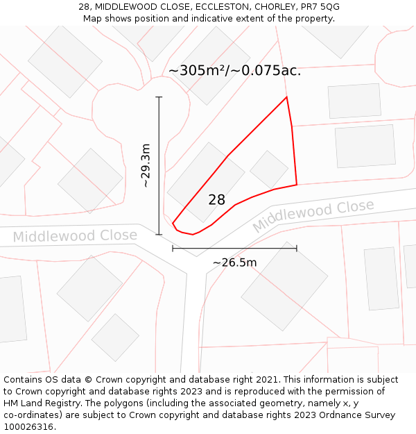 28, MIDDLEWOOD CLOSE, ECCLESTON, CHORLEY, PR7 5QG: Plot and title map