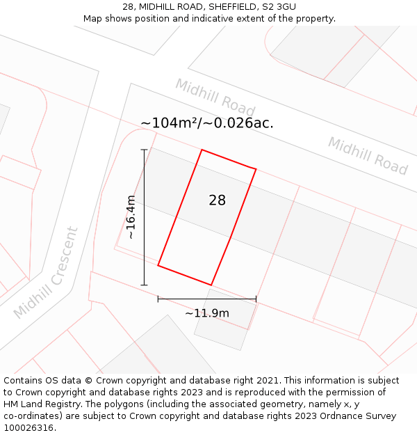 28, MIDHILL ROAD, SHEFFIELD, S2 3GU: Plot and title map
