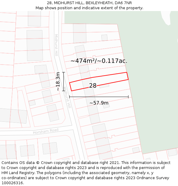 28, MIDHURST HILL, BEXLEYHEATH, DA6 7NR: Plot and title map