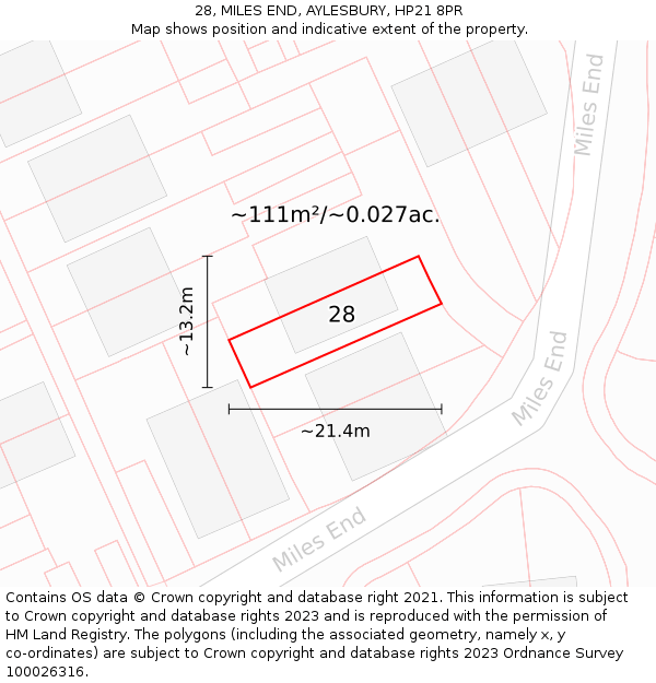 28, MILES END, AYLESBURY, HP21 8PR: Plot and title map