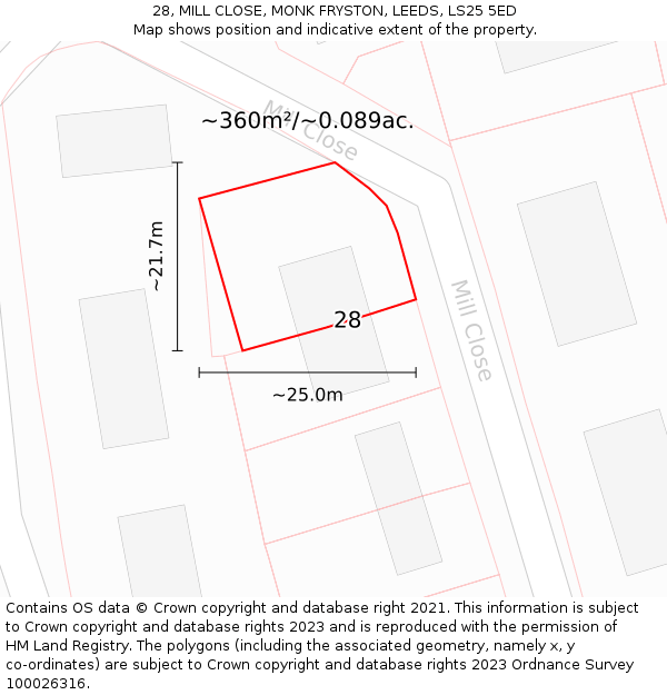 28, MILL CLOSE, MONK FRYSTON, LEEDS, LS25 5ED: Plot and title map
