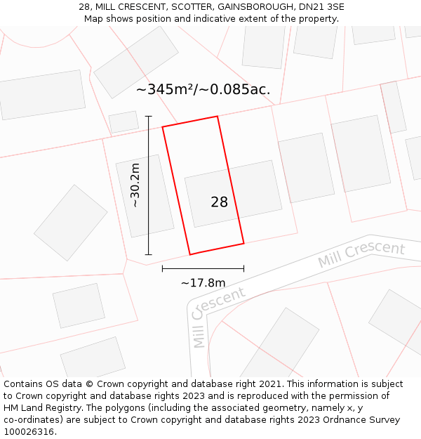 28, MILL CRESCENT, SCOTTER, GAINSBOROUGH, DN21 3SE: Plot and title map