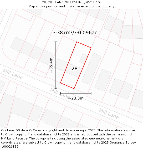 28, MILL LANE, WILLENHALL, WV12 4QL: Plot and title map