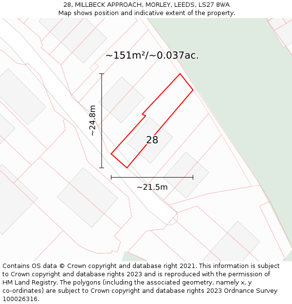 28, MILLBECK APPROACH, MORLEY, LEEDS, LS27 8WA: Plot and title map