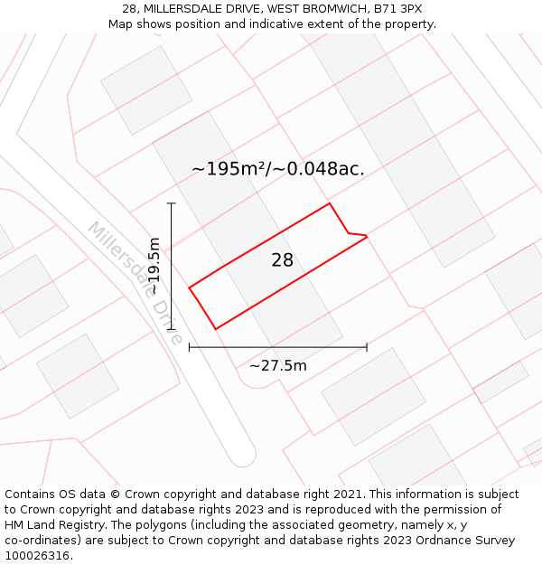 28, MILLERSDALE DRIVE, WEST BROMWICH, B71 3PX: Plot and title map
