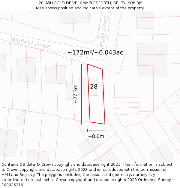 28, MILLFIELD DRIVE, CAMBLESFORTH, SELBY, YO8 8JY: Plot and title map
